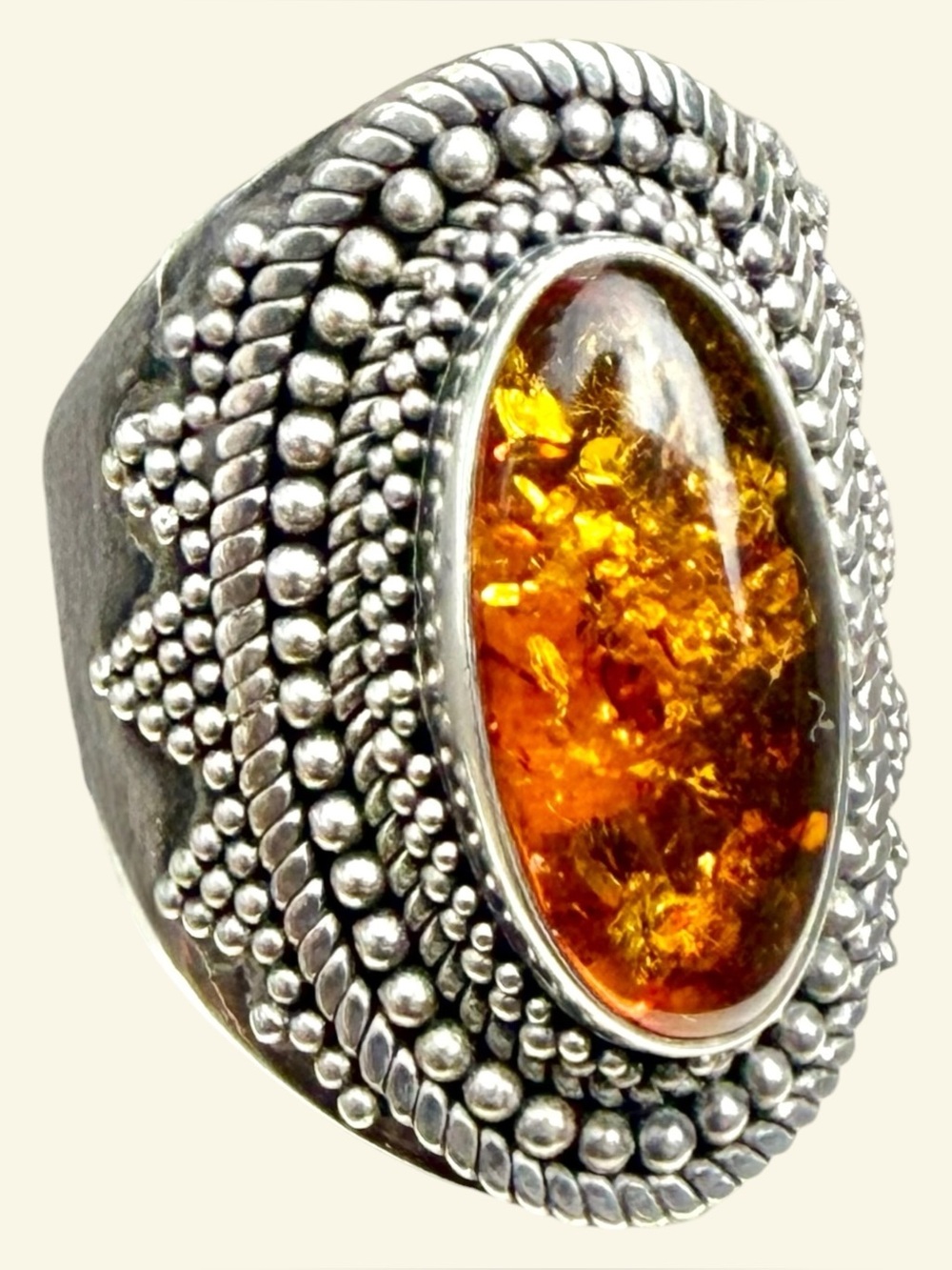 Sz 9 LARGE Suarti Bali 925 Sterling Baltic Amber Statement Ring Oval Indonesia